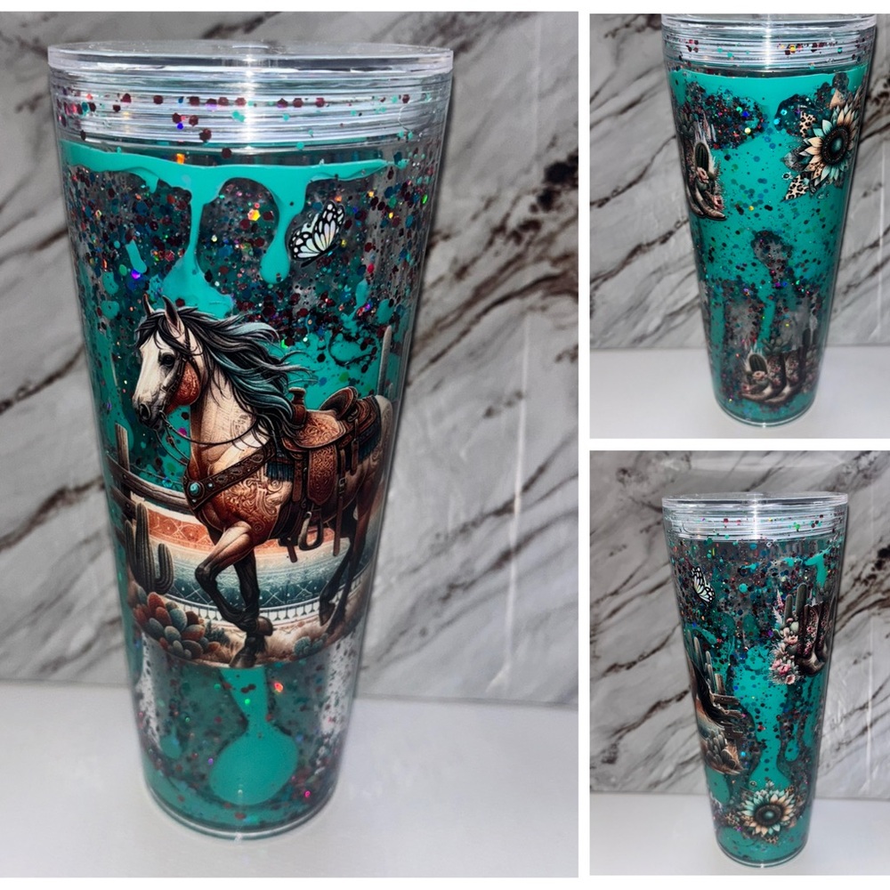 Turquoise lava Western Horse Tumbler with Glitter